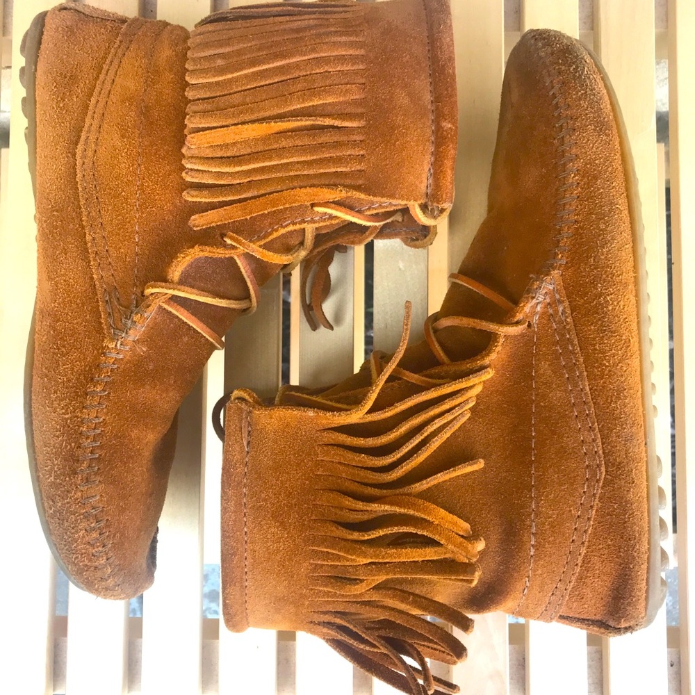 Minnetonka fringe suede moccasin ankle boot